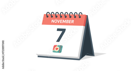 Illustrated November 7th Date Reminder with Heart Icon for Important Event Planning and Celebration Scheduling purpose vector drawing illustration