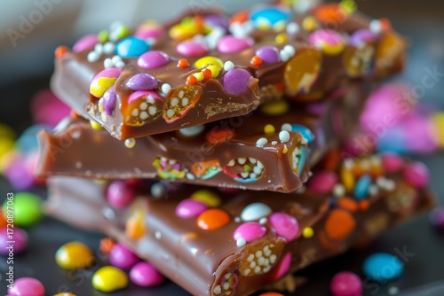 Delicious chocolate bars covered with colorful sprinkles resting on a dark surface