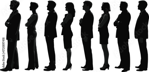 Business people silhouettes standing in profile, professional team, corporate leadership, confident posture, formal attire, teamwork concept, office staff, success