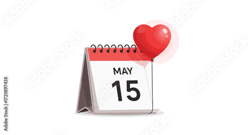 May 15 marked on the calendar accentuated by a heart-shaped balloon symbolizing a significant or special romantic event celebration date
