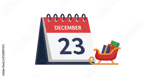 Festive anticipation: December 23rd calendar page with christmas sleigh and gifts illustration holiday countdown illustration