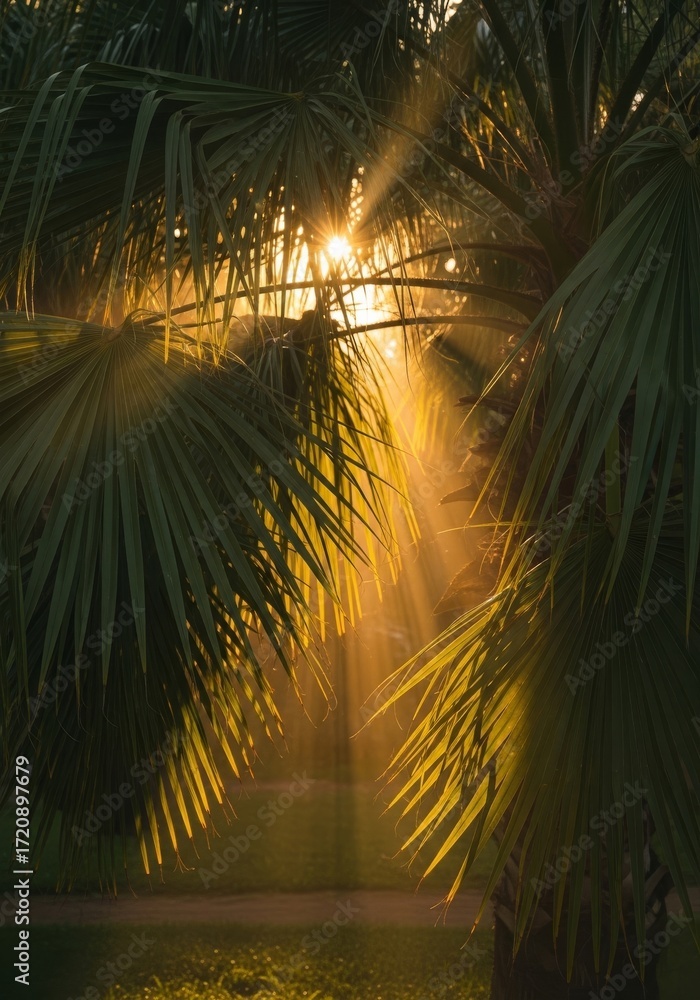 Naklejka premium Vibrant orange sunset silhouettes tropical palm trees against the evening sky