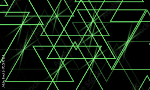 Background of glowing intersecting neon green triangles. 3D vector illustration isolated on dark background.