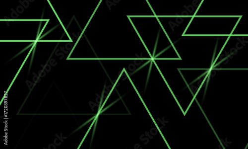 Background of glowing intersecting neon green triangles. 3D vector illustration isolated on dark background.