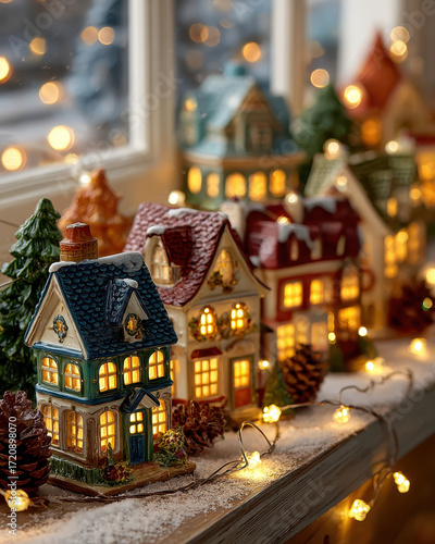 Miniature Christmas village with illuminated houses and festive lights creates cozy holiday atmosphere. Snow dusted pinecones and trees add to winter charm