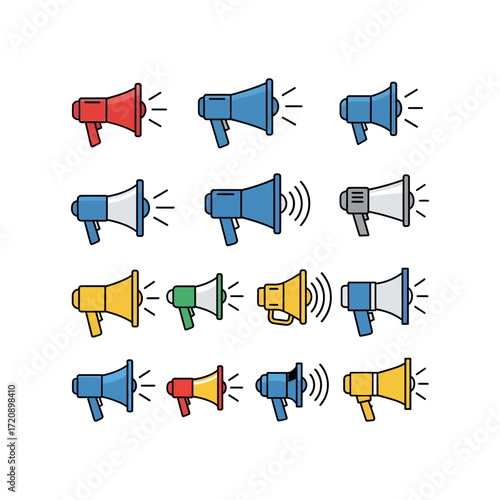 A colorful set of flat design megaphone and bullhorn icons with sound waves, symbolizing announcement, alert, and communication.