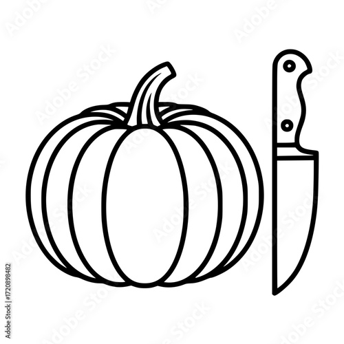 Minimal line drawing of a pumpkin and knife