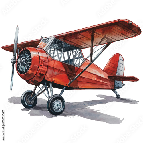 Red vintage biplane watercolor illustration. Old school propeller airplane with traditional design and classic details isolated on transparent background.