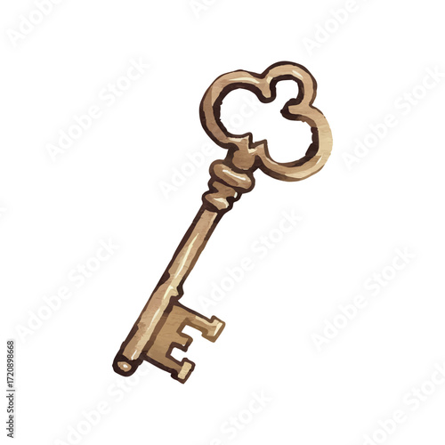 Old bronze vintage key watercolor illustration. Antique skeleton key with ornate details and classic design isolated on transparent background.