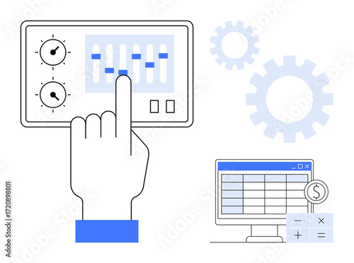 Hand adjusting control panel with sliders and knobs, computer screen displaying spreadsheet data, and gears. Ideal for finance, management, analytics, decision-making, control, optimization