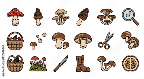 Mushroom Hunting Icons Set - Basket, Knife, Magnifier, Scissors, and Various Fungi.