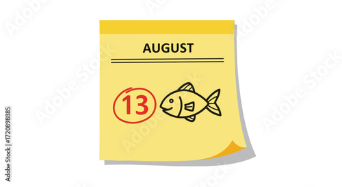 August thirteenth date marked with a fish illustration conveying a specific reminder for a marine themed celebration or event