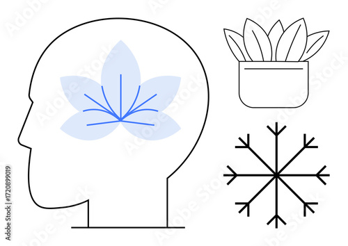 Human profile with floral brain design, potted plant, and snowflake symbolizing wellness, nature, mindfulness, and calmness. Ideal for mental health, sustainability, creativity self-care