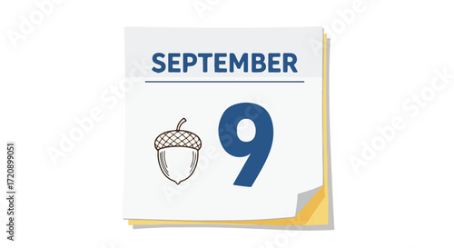 September ninth marked on calendar page with acorn graphic indicating autumn season arrival reminder