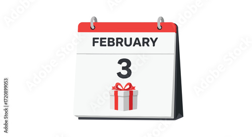 Calendar displaying February 3rd date with a gift illustration, symbolising special event or occasion reminder design