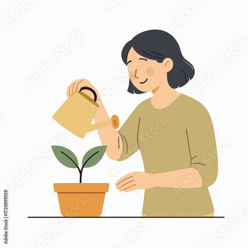A flat vector illustration of a person watering a plant, representing nurturing mental health, on a white background