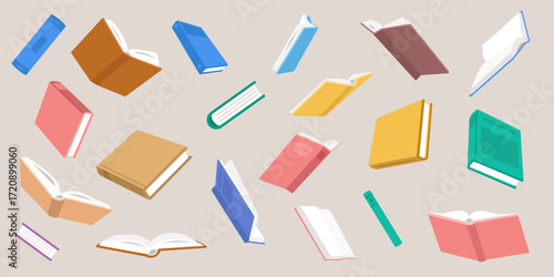 Books in various positions with open and closed pages. Flat vector illustration.