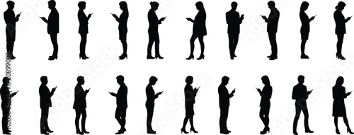 Business people silhouettes using smartphones, professional men and women, standing poses, modern technology, communication, digital devices, office workers, corporate lifestyle, mobile connectivity