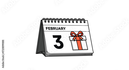 Calendar marking february third with a gift, suggesting a special occasion on this specific date reminder illustration