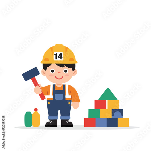 A playful child dressed as a construction worker, wearing a hard hat and holding a toy hammer, stands next to colorful building blocks in a vibrant 2D vector illustration.
