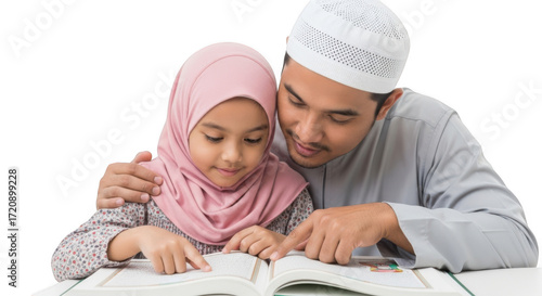 Father and daughter wearing islamic attire reading a book together isolated on transparent background