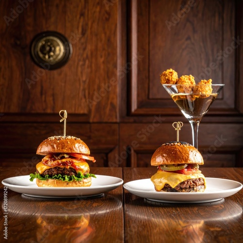 Gourmet Burgers and Appetizer Martini on Rustic Wooden Table