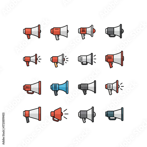 A collection of diverse megaphone icons in various colors and styles, representing communication and announcements.