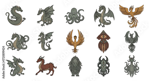 Mythical Creatures Collection - Dragons, Phoenixes, and Sea Monsters.