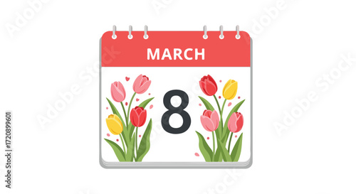 International Women's Day Celebration: Calendar with Tulips for March 8th Designation Depiction