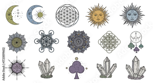 Mystical Symbols Collection - Moon, Sun, Mandalas, Crystals, and Spiritual Icons.
