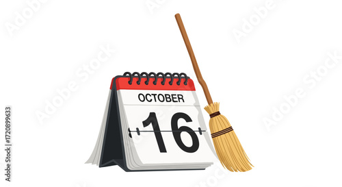 October 16th: National Dictionary Day illustration of a calendar with a broom symbolizing language cleaning and information curation