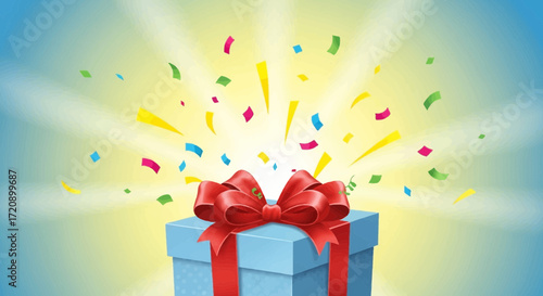 Light blue gift box with red ribbon, confetti explosion, and radiating light.