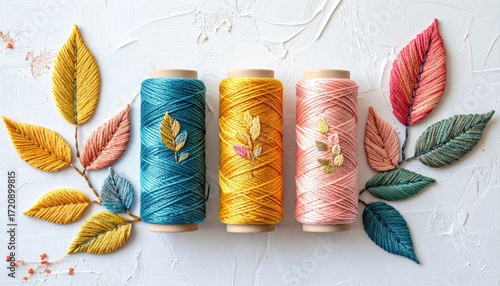 Three spools of colorful thread adorned with embroidered autumn leaves on a textured white background