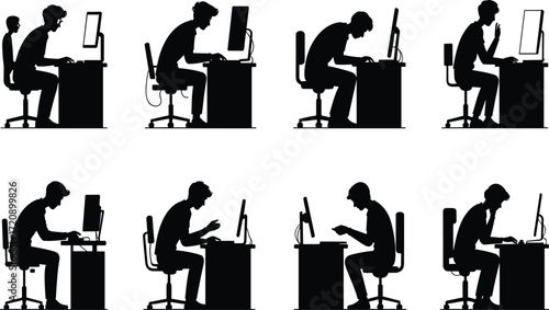 Computer desk silhouette set, black, seated typing poses, ergonomic variation, desktop use, vector posture illustration bundle for workplace design