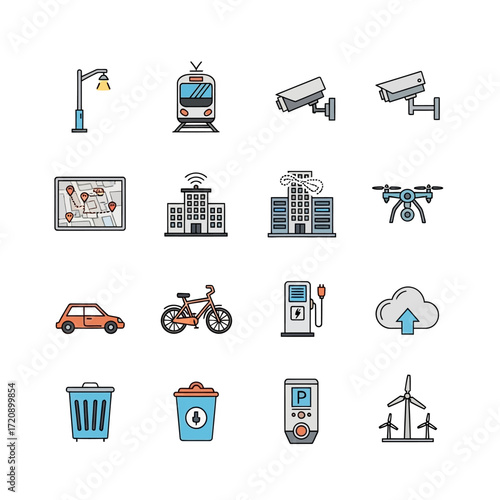 Smart City Infrastructure Icons - Transportation, Energy, and Technology.