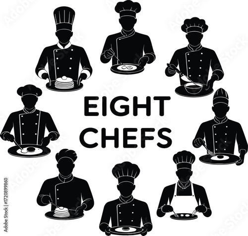 Chef silhouette set, black, diverse dishes, circular layout, chef hats, culinary poses, vector cooking posture illustration bundle