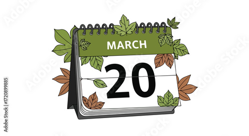 Stylized depiction of a calendar marking the spring equinox, March 20th date highlighted amidst gentle foliage illustrations for seasonal event