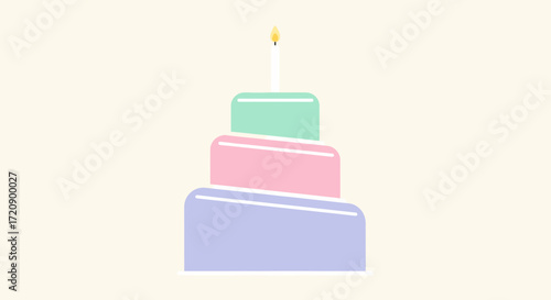 Create a detailed description, between 6 and 180 characters, without keyword lists.     *   "A minimalist illustration of a three-tiered birthday cake with p...