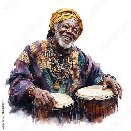 Nigerian Festival Drumming, watercolor vector, isolated on a white background.