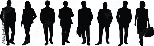 Business professionals silhouette group, men and women walking confidently, formal attire, teamwork, leadership, corporate success, communication, collaboration, businesspeople concept