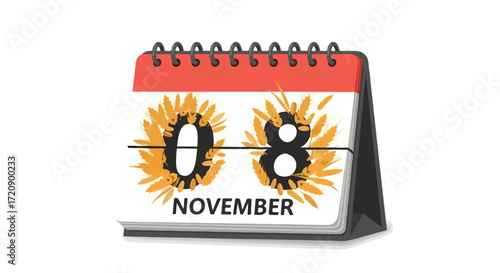 November eighth desk calendar illustration with festive wheat graphic element marking a significant date or occasion reminder