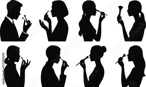 Makeup application silhouette set, black, lipstick, brush, eyeliner, diverse hairstyles, suit and casual attire, vector beauty posture illustration bundle