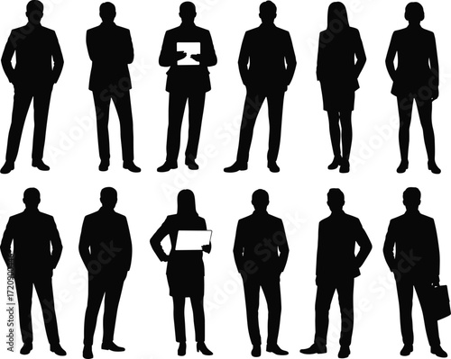 Business team silhouette group, men and women standing confidently, formal attire, teamwork, leadership, corporate professionals, collaboration, business concept, diversity