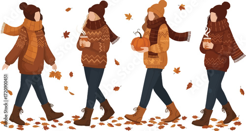 Four women in autumn attire walking amidst falling leaves with pumpkin and hot beverage cups in hand
