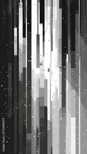 Abstract monochrome background with vertical stripes, digital glitch effects, and scattered particles.