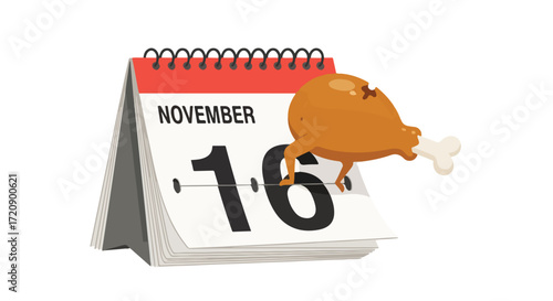 Calendar illustration showing November 16th, accompanied by a whimsical depiction of a cooked turkey drumstick, signaling an approaching
