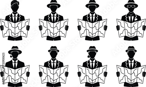Map-holding silhouette set, black and white, suits, hats, glasses, visual puzzle, vector posture illustration bundle for cognitive design