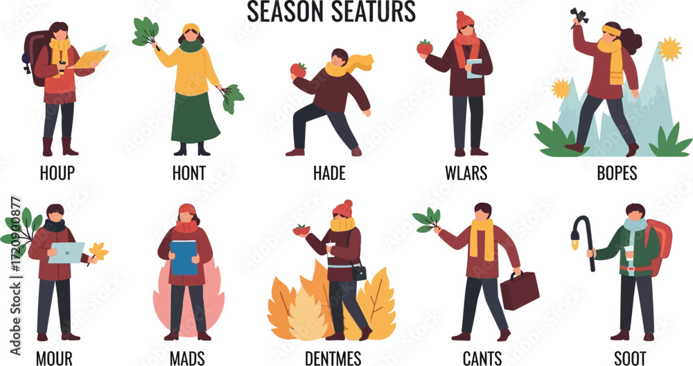 Fototapeta premium Seasonal characters showcasing different activities and outfits for various weather conditions