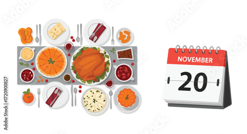 Thanksgiving anticipation: November 20th feast date with festive holiday meal display vector illustration