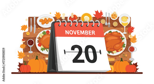 Festive Thanksgiving Calendar Displaying November 20th Amidst a Bounty of Seasonal Delights and Harvest Decor Display